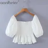 Summer Button Front White Sweetheart Shirt Puff Sleeve Pleated Hem Shirred Back Slim Women Crop Tops Female Blouses 210604