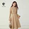 Fansilanen Flare Kollu Zarif Ofis Gömlek Elbise Kadınlar Ince Fırfır Uzun Siyah İlkbahar Sonbahar V Boyun Seksi Vitnage 210607