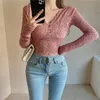 Ezgaga Floral Lace Patchwork Shirts Women V-Neck Slim Base Spring Winter Thin Hollow Out Ladies Blouse Sexy Crop Tops Fashion 210430