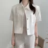 Sommar Koreanska Chic Top Kvinna Vänd ner Collar Single-breasted Short Sleeved Tassel Tweed Coats 210519