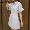 Vintage Kurzarm Hemd Kleid Frauen Hohe Taille Doppel Taschen Solide Einreiher Elegante Minikleider Sommer 210427