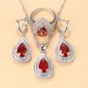 Boucles d'oreilles collier + grenat rouge ensembles de bijoux de mariée goutte d'eau forme pendentif Bracelet anneau pour femmes Costume de mariage