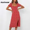 Aachoae Elegantes Kleid mit Blumendruck vorne geteiltes Party-Midikleid Schmetterling Kurzarm Vintage rotes Kleid A-Linie Sommerkleid Vestido 210730