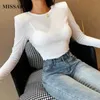 Missakso Sexy automne chemise Streetwear à manches longues voir à travers haut élégant femme O cou blanc femmes t-shirt 210625