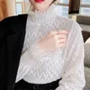 Women's Blouses Women's & Shirts S-XL Korean 2022 Vintage Floral Crochet White Lace Blouse Women Tops Turtleneck Flared Long Sleeves