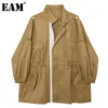 [EAM] Women Khaki Pleated Pocket Sashes Trench Stand Collar Long Sleeve Loose Windbreaker Fashion Spring Autumn 1DD6901 21512