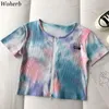 Tie Dye Cardigan Zipper T-shirt Dames Korte Mouw Slanke Crop Top Koreaanse Fashon Harajuku Streetwear Tee Shirt Femme Summer 210519