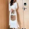 Moda scollo a V pieghettato autunno abito donna manica a sbuffo vintage bianco elegante nappa sexy es vestido 11901 210512