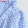 Tangada Women Retro Blue Plaid Ruffles Crop Shirt Bow Long Sleeve Chic Female Short Blouse Shirt Tops JE66 210609