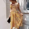 Sommar Elegant Boho Blommigtryck Midi Dress Kvinnor Sexig Mode Slash Neck Beach Split Klänningar Kvinnor Sundresses Vestidos 210508