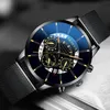 El calendario de negocios de moda para hombre de lujo muestra el reloj de cuarzo analógico del cinturón de malla de acero inoxidable azul Relogio Masculino Mens Reloj
