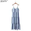 Zevity Women Spaghatti Strap Contrast Colour Print Sling Midi Dress Femme Chic Retro Beach Style Party Vestido DS5059 210603
