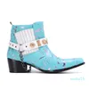 Western Cowboystiefel Herren Rock Blau Leder Knöchel Herrenstiefel mit Ketten und Nieten Motorrad/Party Hombre,38-46