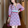 High Quality Autumn Winter Mini Knitted Sweater Dress Women V Neck Buttons Plaid Vintage Party Christmas Vestidos 210514