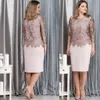 2021 Tappningmor av brudklänningarna Blush Rosa Naken Juvel Hals Långärmad Snörning Applikationer Knee Length Sheath Plus Size Party Wedding Guest Gowns Mödrar Klänning