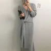 Sonbahar Kış Kore Kuşaklı Uzun Kazak Elbise Kadın Katı Rahat Yumuşak Sıcak Kaşmir Örme Kadın Zarif Vestidos 210514