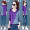 Kvinnors Tröjor Mode Hoodie Tracksuits 2022 Vår Casual Jacka Kort Hooded Denim Splice Ladies Pullovers Tops Sportkläder