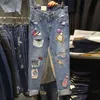 in stock Korean Style Autumn Fashion Women's Sequin Hole Denim Pants Girls Students Streetwear Trousers Jeans A3542 210629