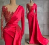 Plus Size Arabic Aso Ebi Red Sexy Luxurious Prom Dresses Lace Beaded Crystals Evening Formal Party Second Reception Gowns ZJ264