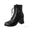 Bottes bout rond femmes cheville dames bloc talons à lacets chaud hiver chaussures Punk rétro moto court grande taille 43