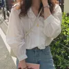 Casual Loose Cardigan Women Blouse Autumn Cotton Puff Sleeve Plus Solory T Shirts Long V Neck White Tops 8561 210508