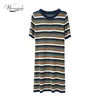 Summer Women Wool Striped Dresses Casual Female O-Neck Knitting Short Sleeve Hollow Out Straight C-267 210522