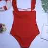 Sexy maillot de bain tissu spécial femmes solide rouge maillot de bain épaule volants maillots de bain dos nu Monokini maillots de bain 210604