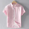 Summer Cotton Linen Short Sleeve Shirts for Men Casual Fashion Pink Classic Turn-down Collar Man Tops Plus Size S-4XL Designer 210601