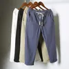 #2607été coton lin pantalon hommes décontracté taille élastique Vintage sarouel mince grande taille lin sarouel blanc noir bleu X0723