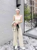Mode Kvinnors Suit Round Neck Cardigan + Suspender Stickad Casual Wide-Ben Byxor Tre-Piece 210520