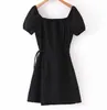 New French V Neck Front Slit Wrap Dress Vestito da vacanza donna cravatta arco pizzo up vita manica corta abiti corti vestiti neri Tè nero Vestido 210325