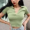 Vintage green white polo shirt women shorts short sleeve cropped s mujer streetwear v neck knitted 210521