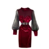 Automne hiver à travers maille patchwork couture robe à manches bouffantes rétro o-cou velours court taille mince mini sexy robes UK987 210506