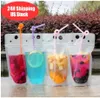 500 stks Clear Drink Zakjes Zakken frosted Rits Stand-up Plastic Drinkzak met rietje met houder Hersluitbare Hittebestendig