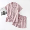 Japanese-style summer couple pajamas men and women cotton gauze thin short-sleeved shorts home service cardigan suit loose t 210830