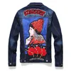 Men's Badge Painted Patches Denim Jacket Trendy Beauty Patchwork Embroidered Motorcyle Jeans Coat Outerwear Veste pour hommes