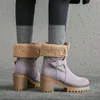 Botas inverno rebanho Verde Verde Redondo Toe Anti-Slip Chunky Alto Salto Alto Pelúcia Faux Fur Standing Womens Shoes Neve