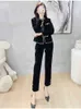 Runway Fashion Fall Winter Trousers Set Women Elegant Full Sleeve Vintage Velour Jacket and Pants Suit Office Outfits 211116