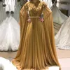 Robes de soirée en or avec manches froncées en mousseline de soie perles cristal bal Pageant Robe De mariée sur mesure robes de soirée de luxe formelles