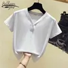 Casual White Pink Shirt Moda Damska Lato Krótki Rękaw V-Neck Tee Solid Tops Kobieta T-shirt 4957 50 210521