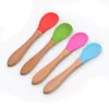 Children Silicone Spoons Wooden Handle Coffee Scoops Baby Training Spoon Home Kitchen Tableware RRE12475