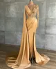Modern Arapça Dubai Gelinlik Modelleri Derin V Boyun Kristal Boncuk Uzun Kollu Abiye Illusion Ünlü Parti Abiye