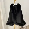 OftBuy New Luxury Winter Jacket Women Ponchos Natural Real Fox Fux Fur Collar Cashmere Wool Blends Coat Warm Fashion Outerwear