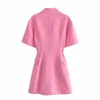 Za kvinnor sommar mode rosa blazers kortärmad smal klänning kappa vintage kvinnlig ytterkläder med bälte 210602