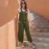 Square Collar Button Solid Color Pocket Sleeveless Wide Leg Rompers Women Casual Streetwear Plus Size Loose Long Jumpsuits 210608