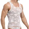 Débardeurs en dentelle florale pour hommes Top Sexy Voir à travers T-shirt transparent sans manches Hommes Élastique Ajusté Nightwear Undershirt 210522