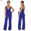 Kvinnors Jumpsuits Rompers Lemon Gina 2021 Kvinnor Spaghetti Strap V-Neck High Waist Sashes Straight Long Jumpsuit 7 Färger Romper Sexy Plays