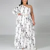 Two Pieces Set For Women Matching s 3xl 4xl Plus Size White Print Blouse Tops One Shoulder Flare Pants Fashion Cloth Big 210510