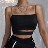 Mujeres Negro Crop Top Verano Sexy Lencería Camis Ropa Moda Coreana Sólido Hollow Out Fitness Streetwear Tank Tops 210517