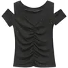 Summer Casual Folds T-Shirt Bez Ramiączek Moda Krótki Rękaw V-Neck Top Women T Shirt Plus Size 210507